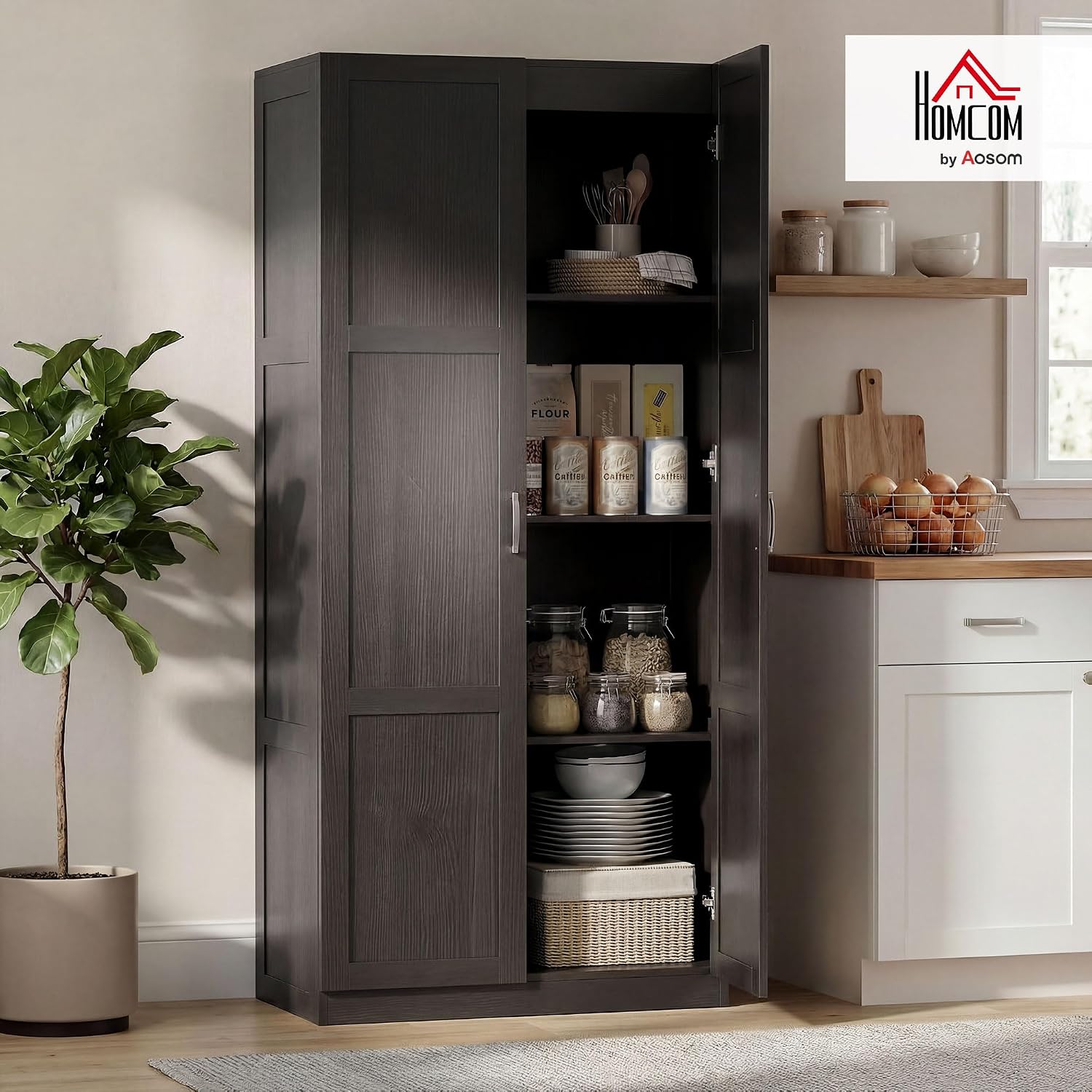 HOMCOM 71" Tall Kitchen Pantry Cabinet with 4 Adjustable Shelves Espresso | Large Multipurpose Storage Cabinet, Modern Farmhouse Freestanding Food Pantry, Framed Doors, Soft-Close Hinges