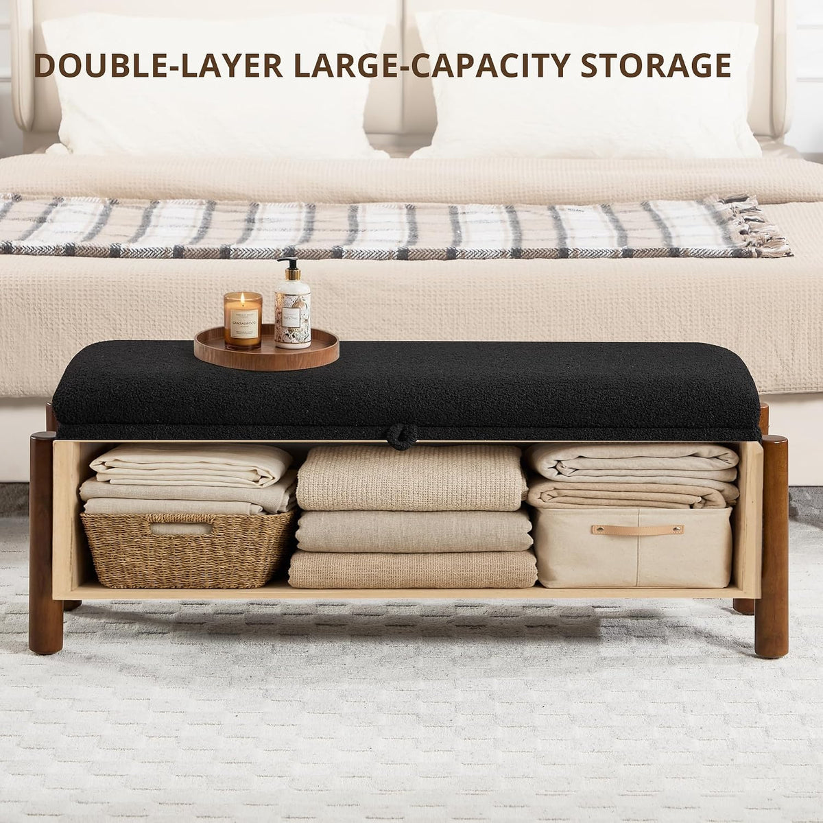 55'' Modern Storage Ottoman Benches | Walnut Wood Legs 26 Gallons Storage Space Fabric Upholstered Seating End of Bed for Bedroom for Livingroom Black