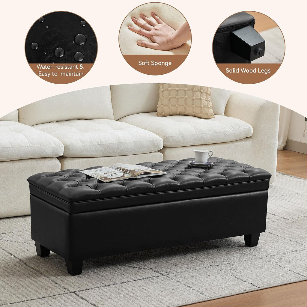 WUTUTUEE 50" Faux Leather Storage Ottoman Bench, End of Bed Upholstered Rectangle Storage Ottoman Tufted Living Room Bedroom Bench with Safety Hinge, Solid Wood Legs, Loads 500 lb(Black)