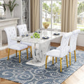 Modern Faux Marble Dining Table Set for 4, 63" White Rectangular Kitchen Table with Elegant U-Shaped Pedestal Base & 4 Tufted Upholstered High-Back Chairs, Luxury 7-Piece Dining Room Furniture Set