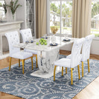 Modern Faux Marble Dining Table Set for 4, 63" White Rectangular Kitchen Table with Elegant U-Shaped Pedestal Base & 4 Tufted Upholstered High-Back Chairs, Luxury 7-Piece Dining Room Furniture Set