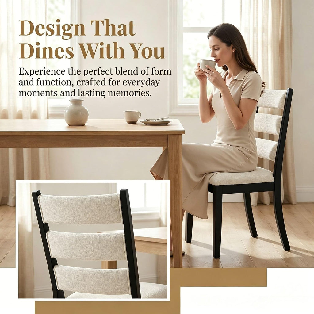 Dining Chairs Set of 2 Farmhouse Kitchen Chairs with Upholstered Cushion Back and Seat Ladder Back Side Chairs for Dining Room Living Room Restaurant(Black Frame, Chenille Beige)