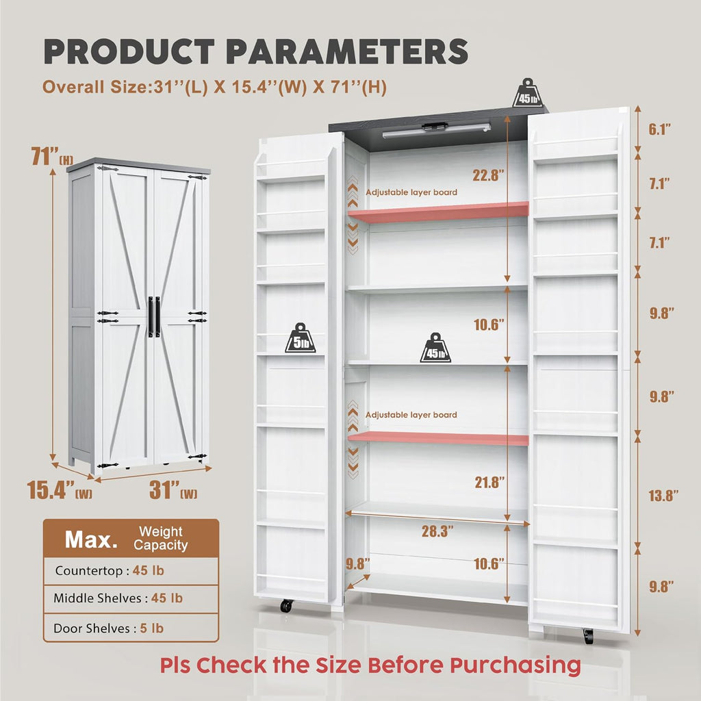 Furnaza Farmhouse 72" H Kitchen Pantry Cabinet with Adjustable Shelves | LED Craft Storage Cabinet Cabinet with 2 Barn Doors for Craft Room,Dining Room,Living Room,Home Office,16"D x 30"W