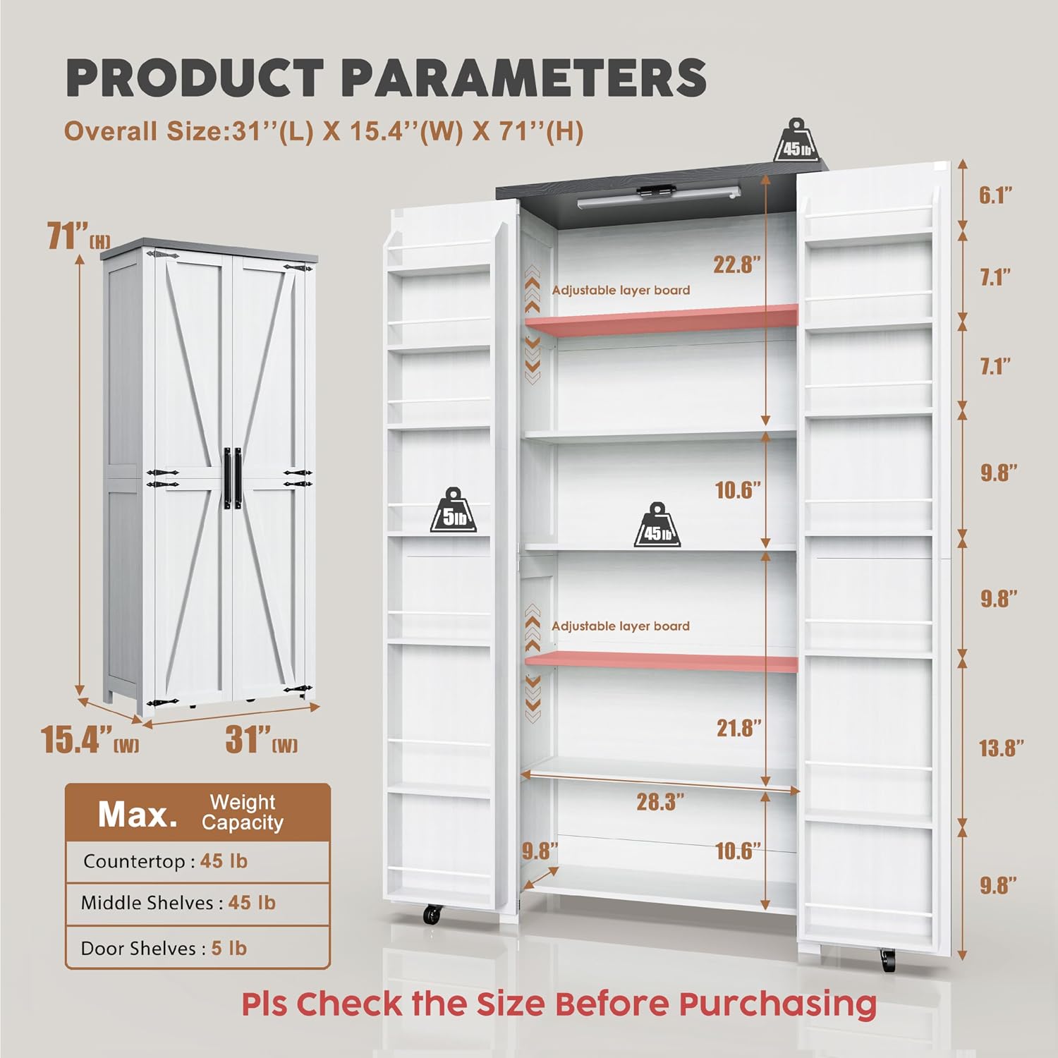 Furnaza Farmhouse 72" H Kitchen Pantry Cabinet with Adjustable Shelves | LED Craft Storage Cabinet Cabinet with 2 Barn Doors for Craft Room,Dining Room,Living Room,Home Office,16"D x 30"W