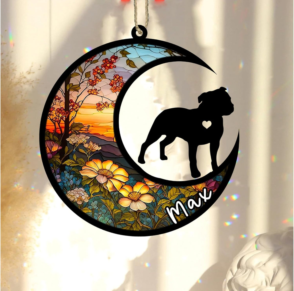 Personalized Dog Memorial, Custom Name Staffordshire Bull Terrier Dog Christmas Ornament, Custom Breeds, Pet Loss Light Catcher, Gifts for Lovers Loss of Pet Sympathy on Mothers Day Christmas