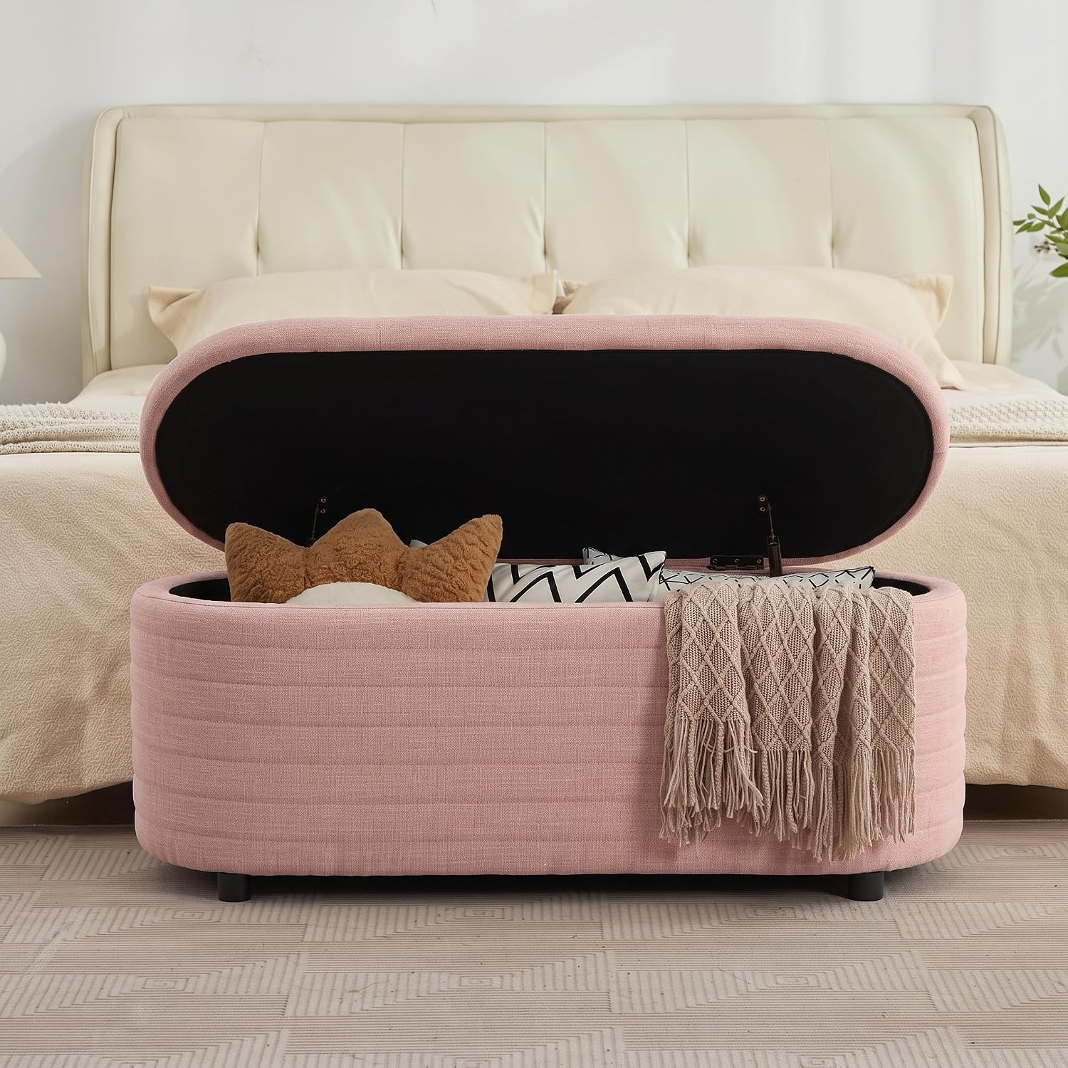 45.5" Modern Storage Ottoman Bench, Pink | Boucle Bench, Linen Fabric, Slow-Close Safety Hinge, Hidden Storage, Upholstered Seat, for Living Room Entryway End of Bed