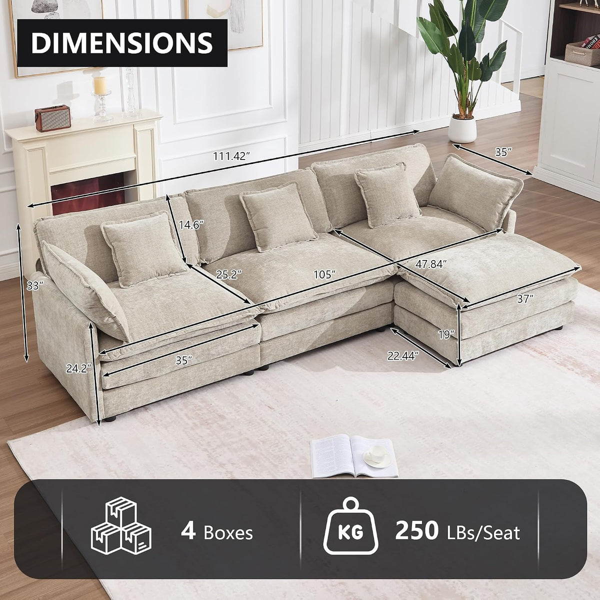 KIVENJAJA 111.5" W L Shaped Modular Cloud Sectional Sofa Couch for Living Room, Comfy Chenille Deep Seat 3 Seater Couch with Ottoman Chaise for Apartment Dorm, Camel