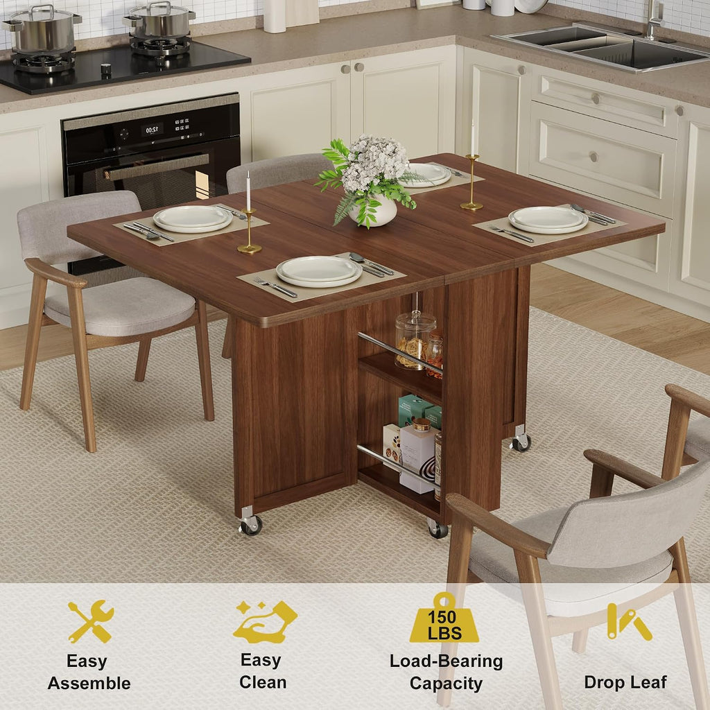Folding Dining Table for 2-6, Designed for Small Spaces, Walnut | 52.7" Folding Dining Table with 6 Wheels, Drop Leaf Table with Drawers, Shelves and Wine Rack for Small Spaces