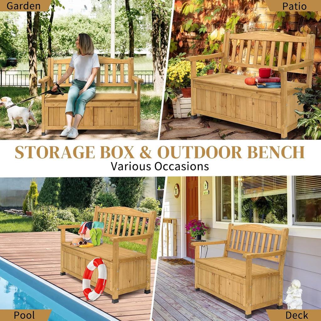 Fir Wood Outdoor Storage Bench, 2-Seater High Backrest Patio Loveseat with Armrest, Large Waterproof Deck Storage Box, Multipurpose Weather Resistant Organizer Bench