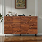 Modern Sideboard with Wave Relief Design, 59 Inch Solid Wood Storage Cabinet & Buffet with Iron Legs for Dining Room, Industrial TV Stand for Living Room, Walnut Finish (Wood + 1)
