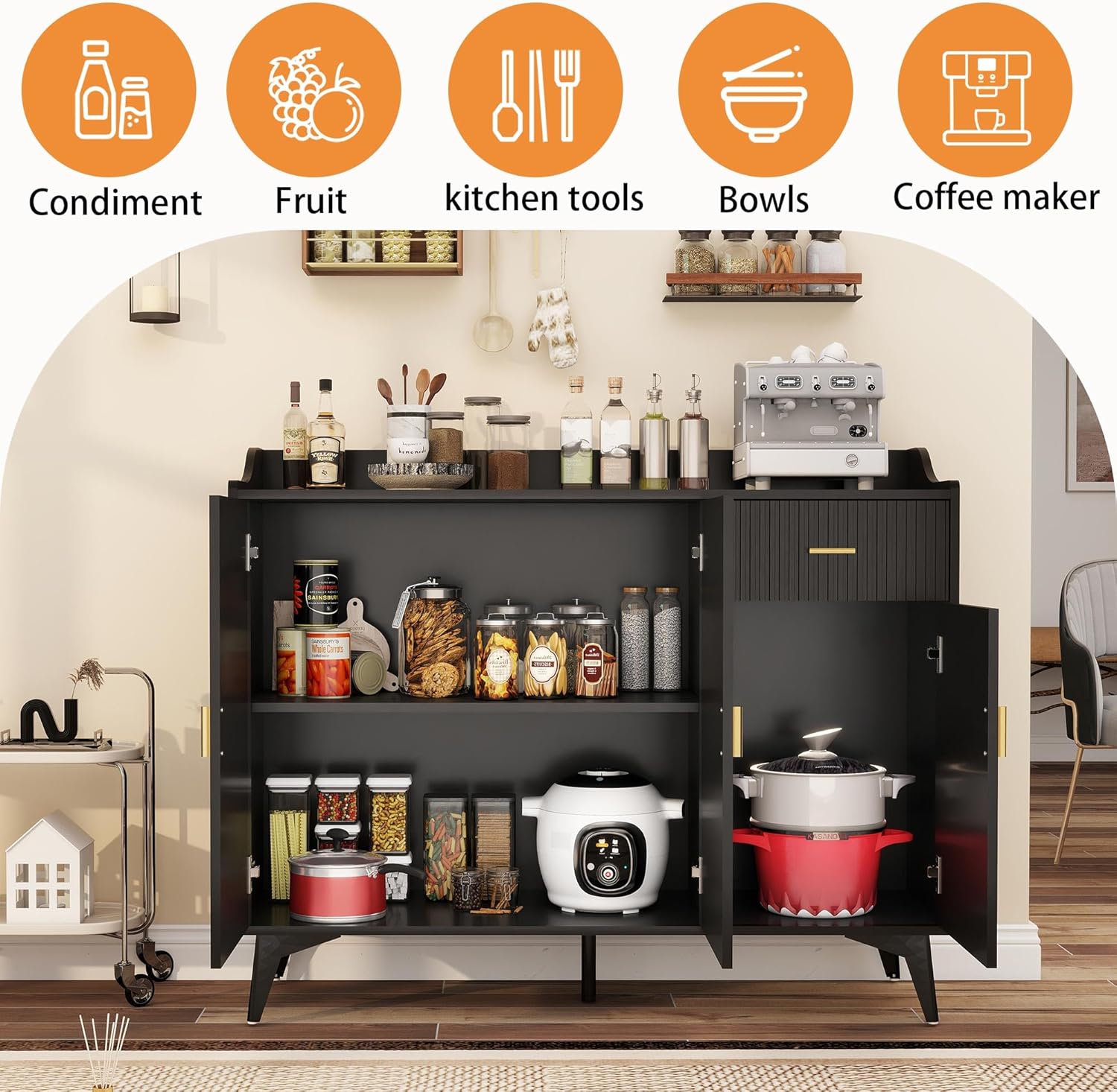 Sideboard Buffet Cabinet with Drawers: 47" Black Fluted Sideboard Cabinet with Storage, Modern Kitchen Cabinets Storage, Credenzas for Living Room (47")