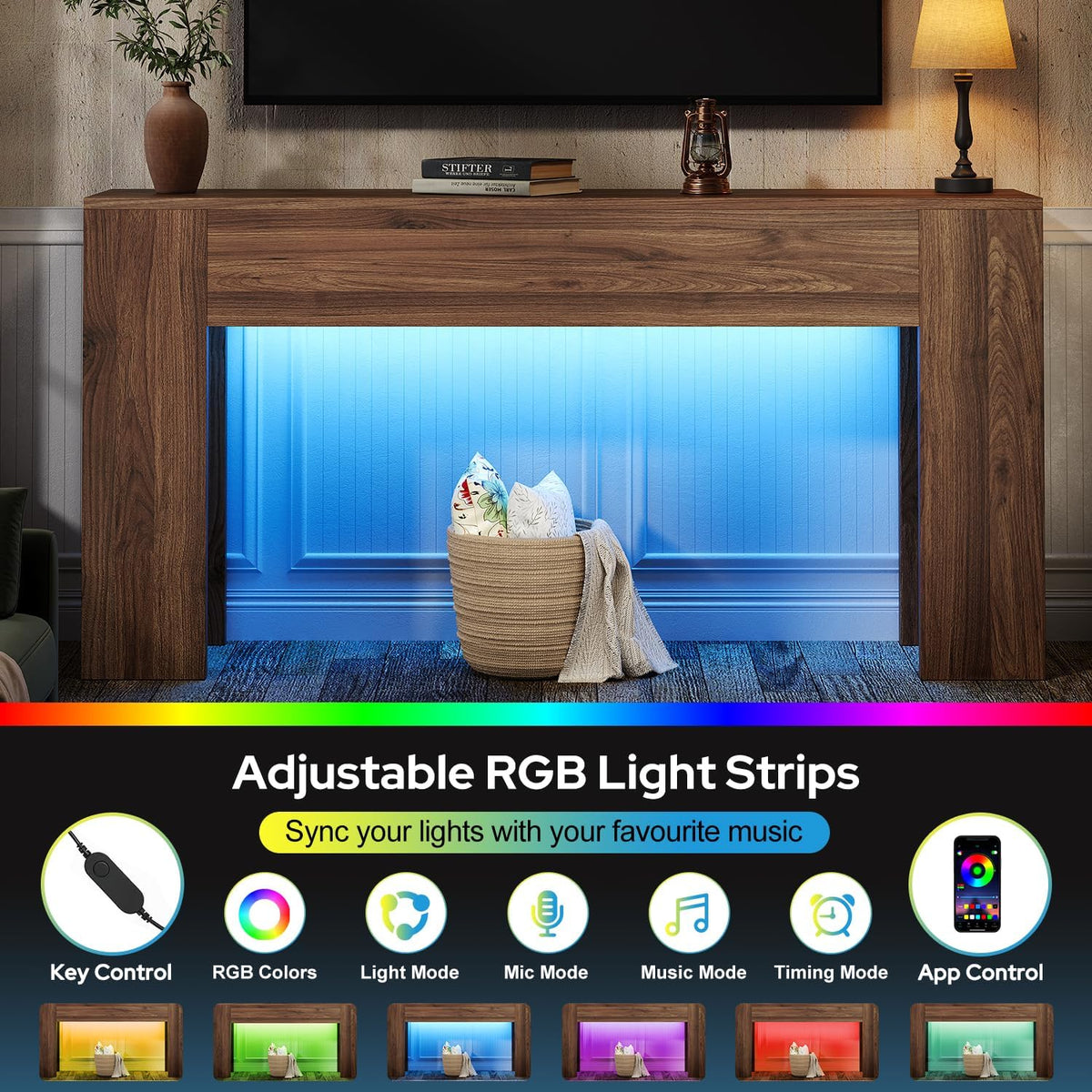 UNIQUITE 63-Inch Long Console Table with RGB LED Lights, Extra Wide and Thick Sofa Table Behind Couch, Farmhouse Entryway Table for Entrance, Hallway, Living Room, Brown