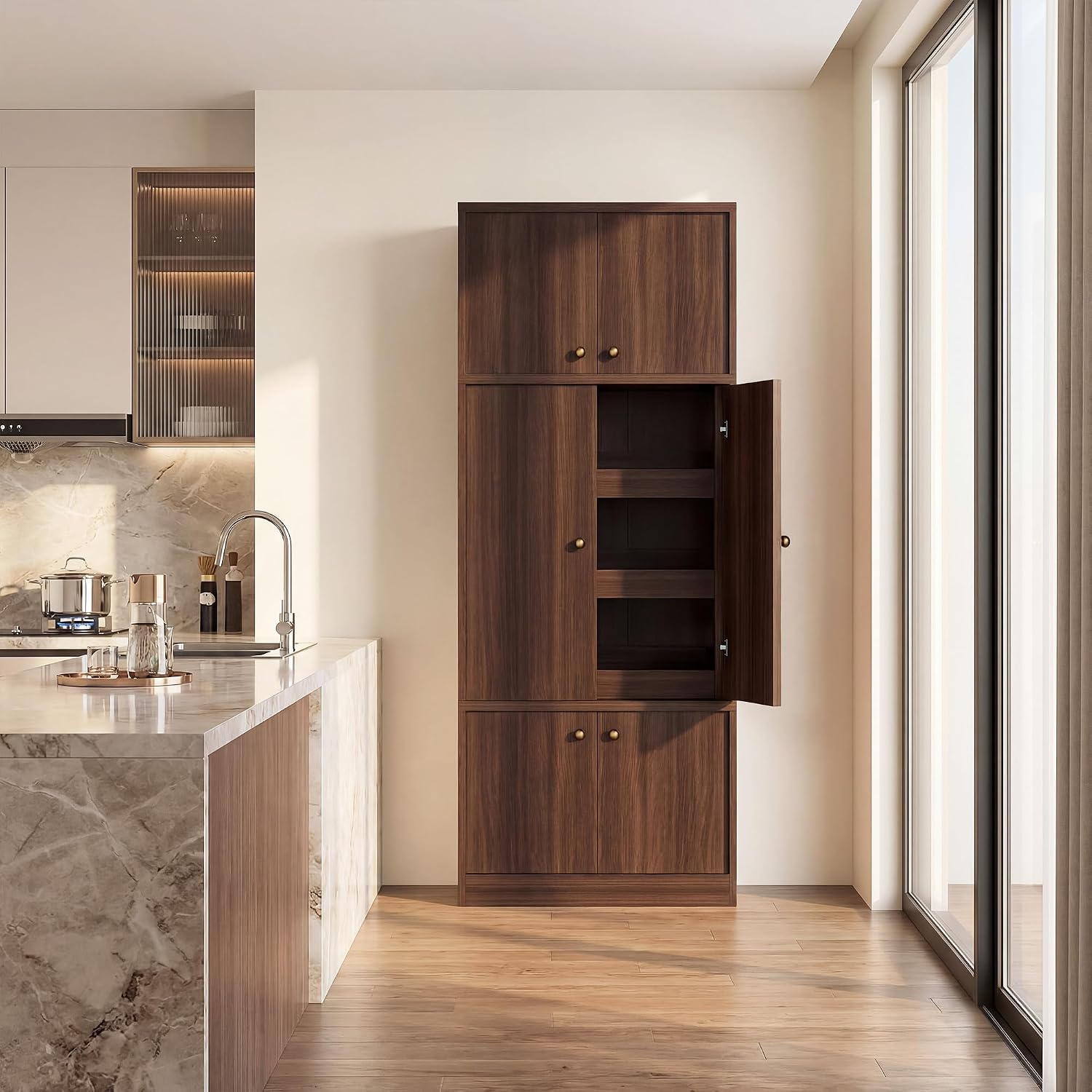 71 Inch Tall Kitchen Pantry Cabinet, Freestanding Storage Cabinet with Doors and Adjustable Shelves, E1-Grade Wood for Kitchen Pantry Storage, Walnut