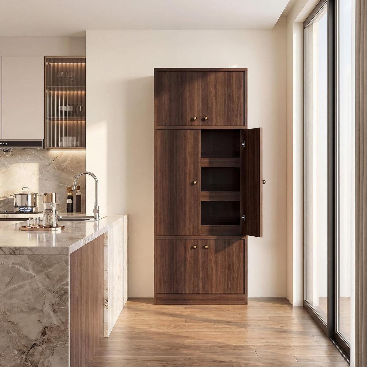 Tall Kitchen Pantry Cabinet 71 Inch, Freestanding Storage Cabinet with Doors and Adjustable Shelves, E1-Grade Wood, Walnut Finish for Kitchen Pantry Storage
