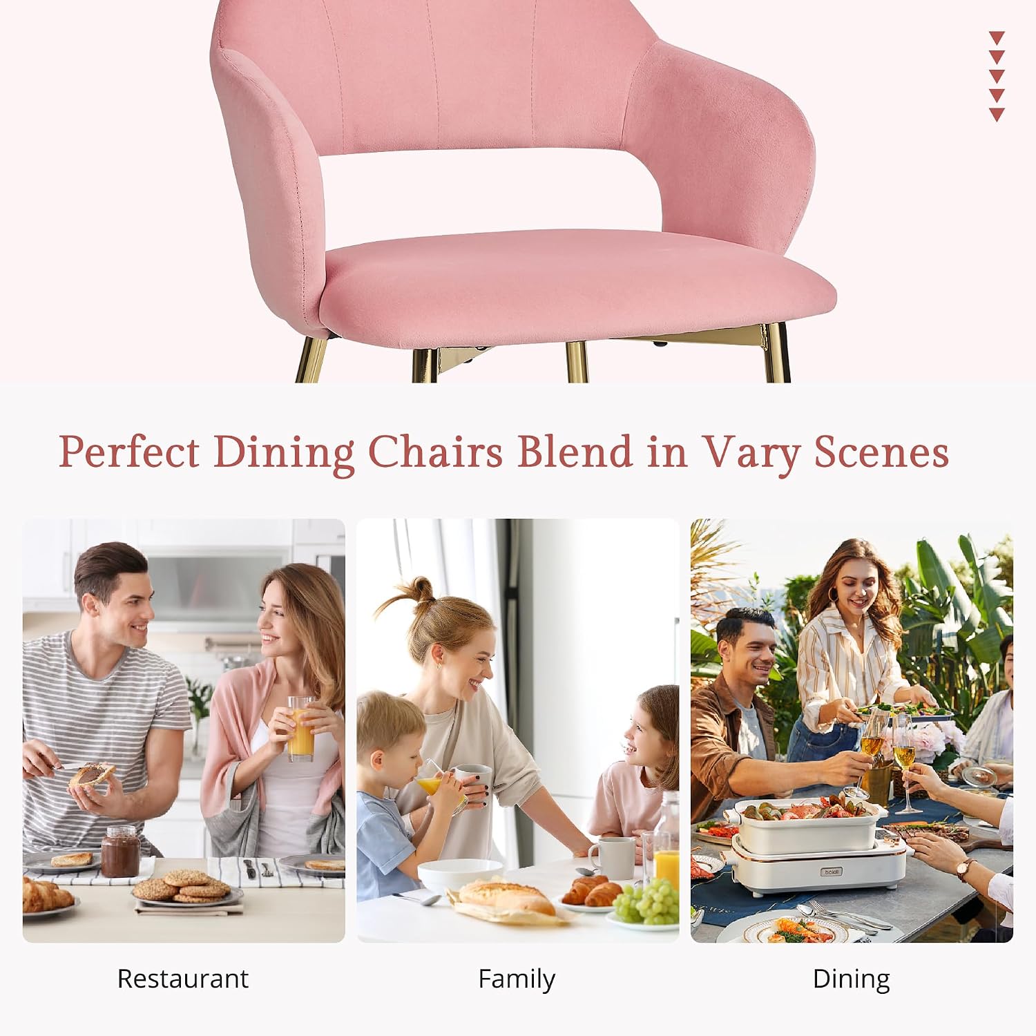VECELO Velvet Dining Chairs Set of 6, Modern Upholstered Kitchen Chairs with Cushion, Padded Backrest and Metal Legs, Pink