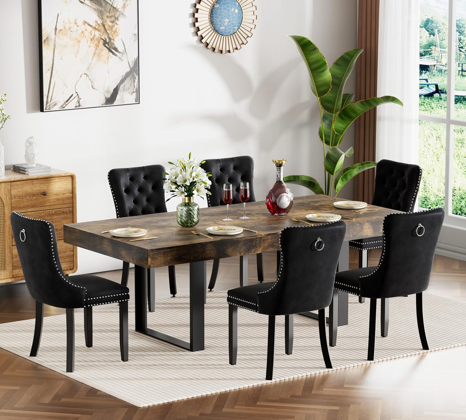 63"-78.7" Extendable Dining Table Set of 6, Rustic Brown Kitchen Dining Table & 6 Upholstered Velvet Chairs with Wood Leg, Modern 7 Piece Wood Expandable Kitchen Table Set