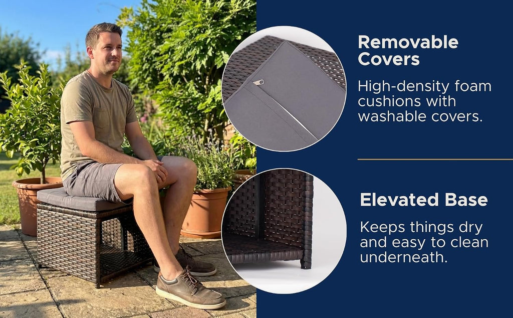 Outdoor Storage Ottoman (Set of 2) - All-Weather Wicker Patio Footstool with Washable Cushions - Sturdy Rattan Foot Rest & Hidden Box for Deck, Porch, Backyard & Balcony