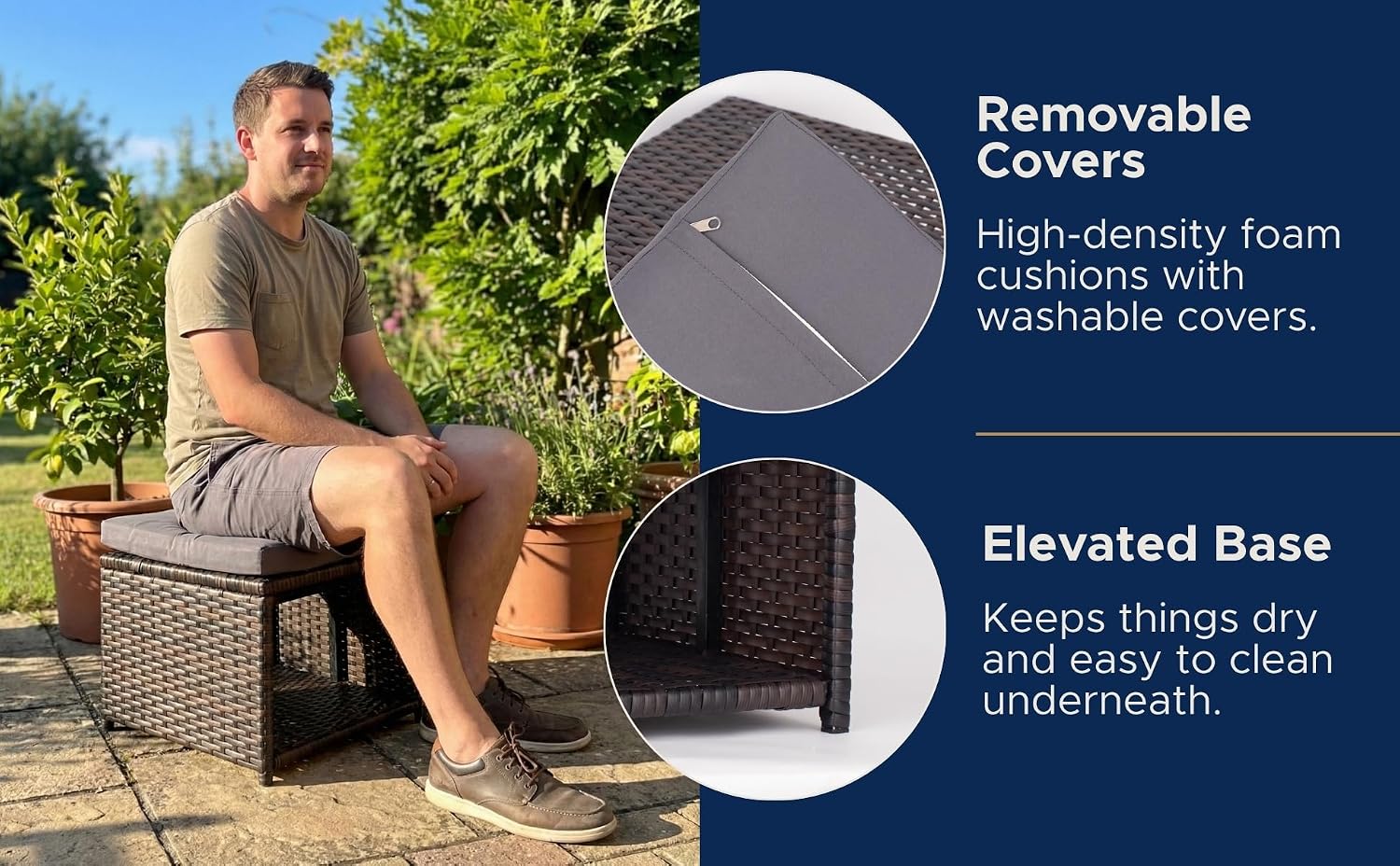 Outdoor Storage Ottoman (Set of 2) - All-Weather Wicker Patio Footstool with Washable Cushions - Sturdy Rattan Foot Rest & Hidden Box for Deck, Porch, Backyard & Balcony