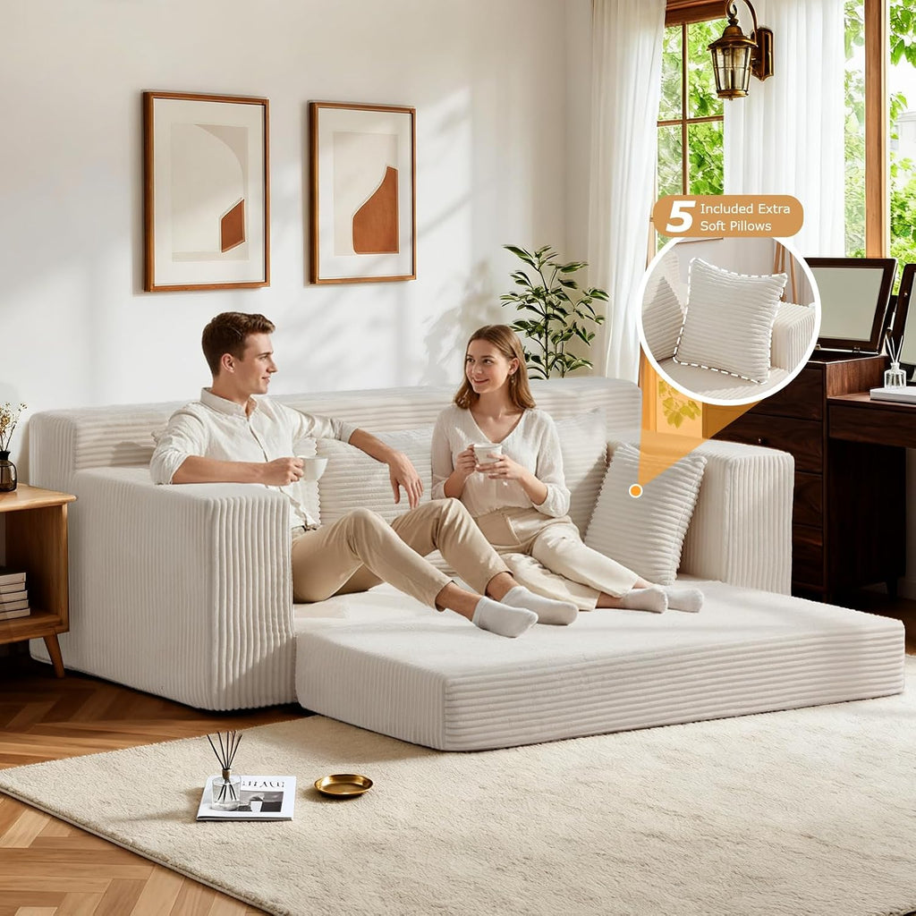 Couch 70 inch, 3 Seater Couch with Pull Out Bed, Loveseat Oversize Beige Futon Couch Floor Bed with 5 Pillows for Living Room Bedroom Lounge Small Space