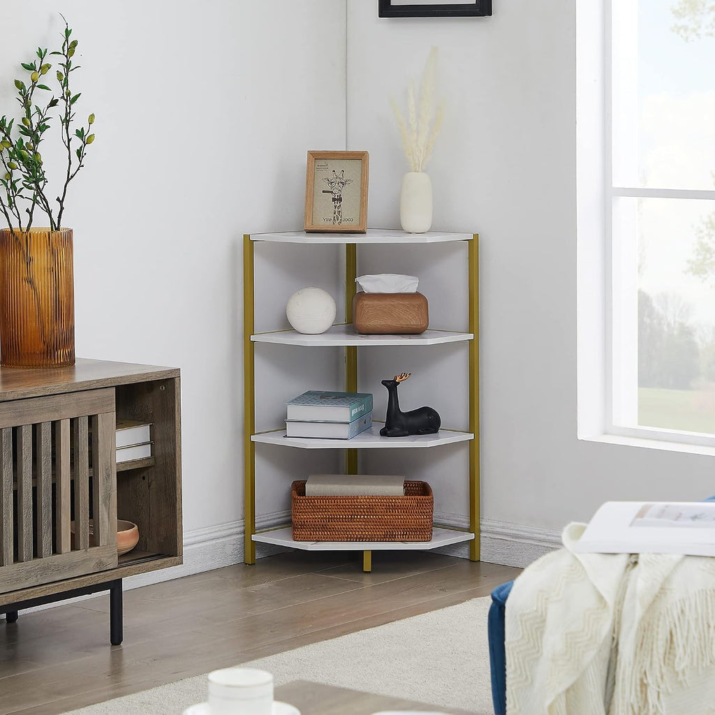 VECELO 31 Inch Corner Shelf, 4-Tier Display Shelves, Wood Storage Stand with Metal Frame, Multipurpose Shelving Unit for Small Space, Home Office,Brushed Gold