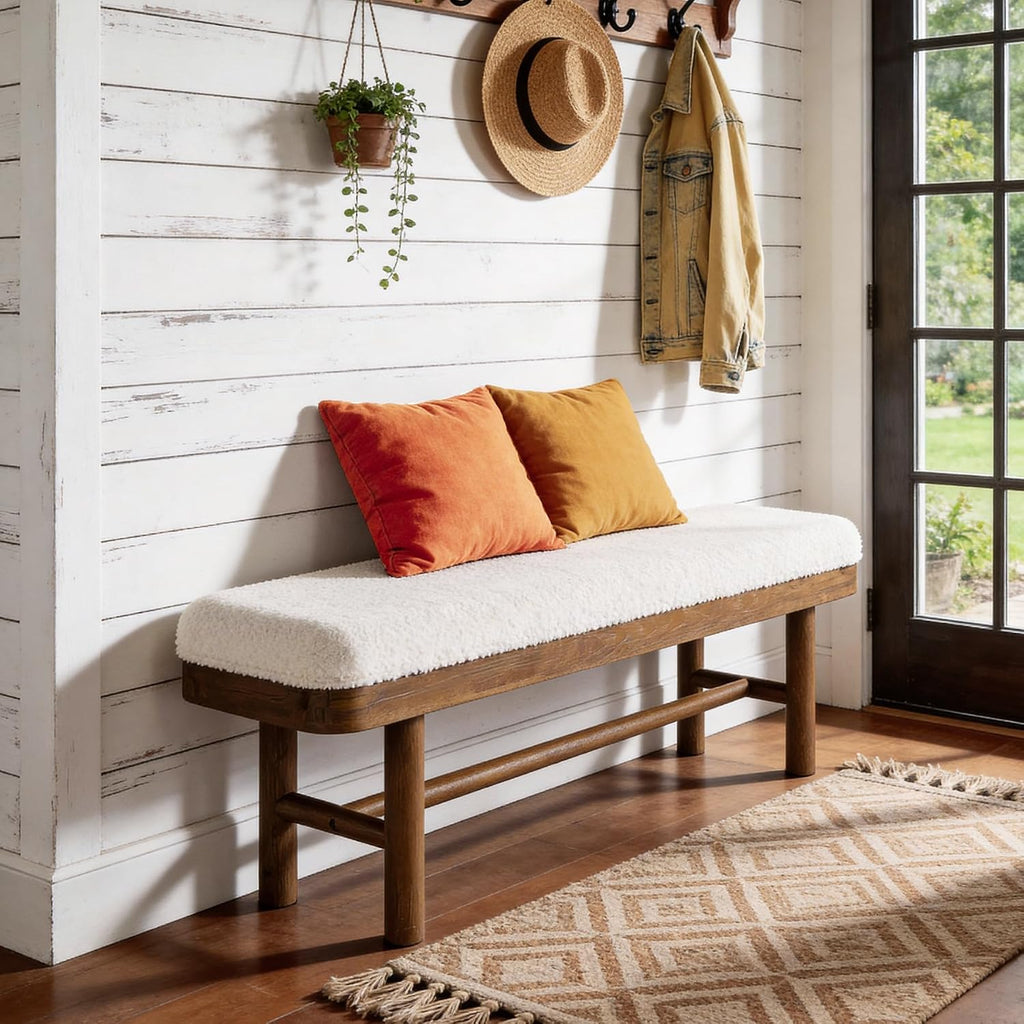 55-Inch Solid Wood Entryway Bench, Rustic Upholstered Bench, Modern Dining Bench with Cushion for Entryway, Dining Room, Mudroom, Porch, Easy Assembly, White & Brown