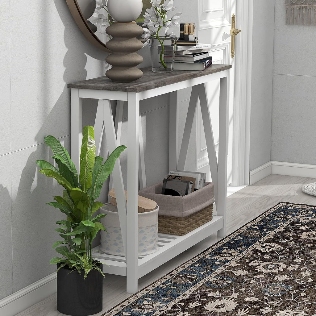 Entryway Table, 39" Farmhouse Console Table with Shelf Narrow Foyer Table | | 2-Tier Open Shelf,V-Shape Anti-Tip Legs,Slim Narrow Design,Sofa Table Use,Two-Tone Finish,30-Min Easy Assembly,Oak Grey