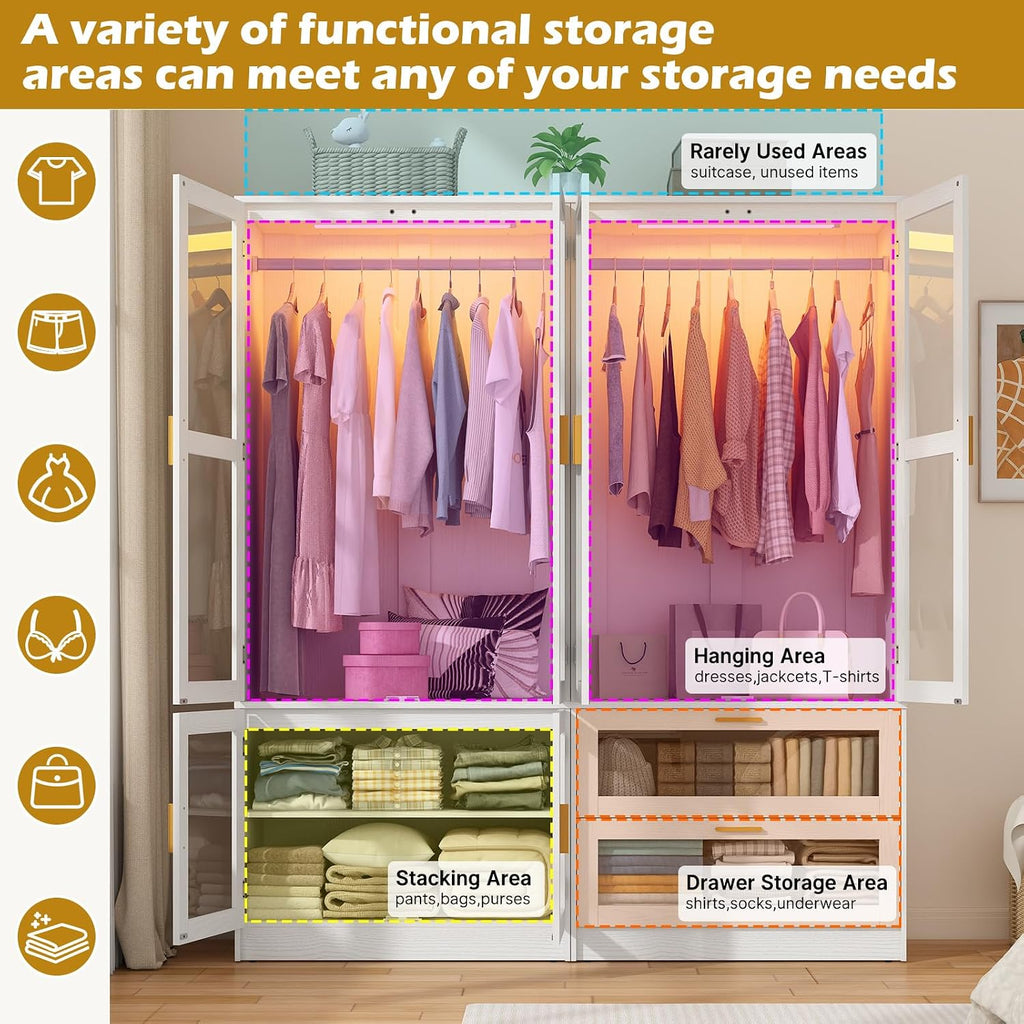 4 Doors Armoire Wardrobe Closet with LED and Mirror,71" H Freestanding Wooden Wardrobe Closet Cabinet for Bedroom w 2 Drawers,Wooden Clothing Storage Cabinet w Hanging Rod,Closets for Bedroom(White)