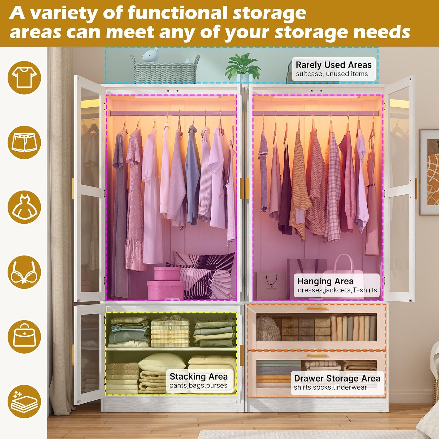 4 Doors Armoire Wardrobe Closet with LED and Mirror,71" H Freestanding Wooden Wardrobe Closet Cabinet for Bedroom w 2 Drawers,Wooden Clothing Storage Cabinet w Hanging Rod,Closets for Bedroom(White)
