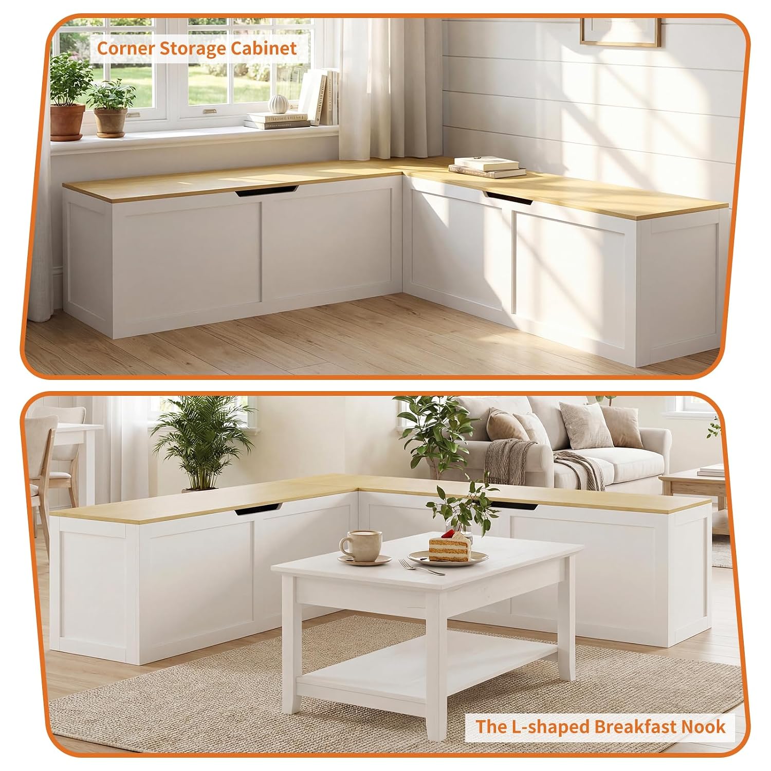 Zevemomo 63" L Shaped Storage Bench, White Breakfast Nook Benches, Corner Storage Bench with Hidden Storage for Dining Room, Kitchen, Entryway