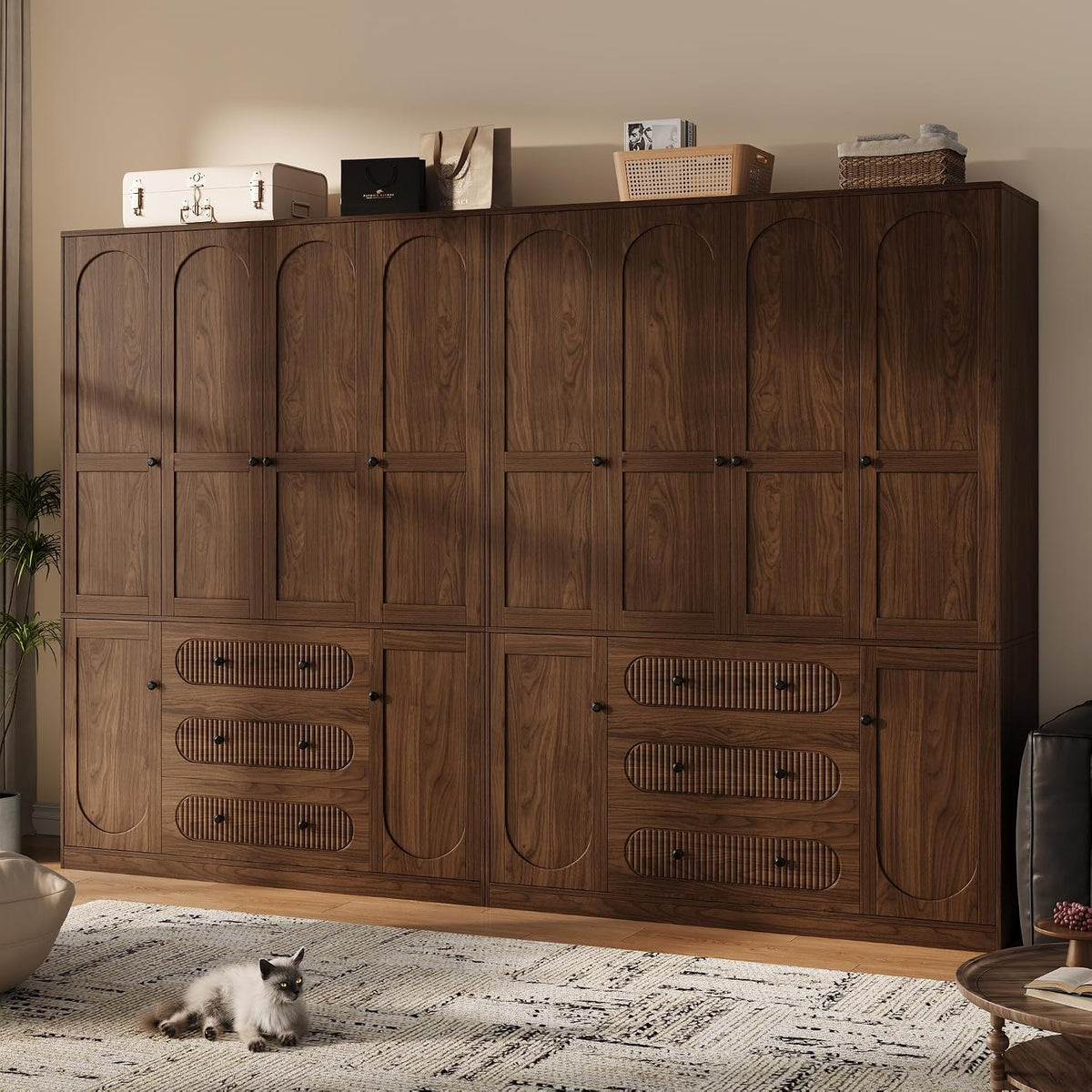 TOKSOM 4 Doors Freestanding Armoire Wardrobe Closet, 72" Walnut Wardrobe Armoire Wooden Closet Large Capacity Storage with 3 Drawers & 3 Hanging Rod Shelves Clothes Organizer