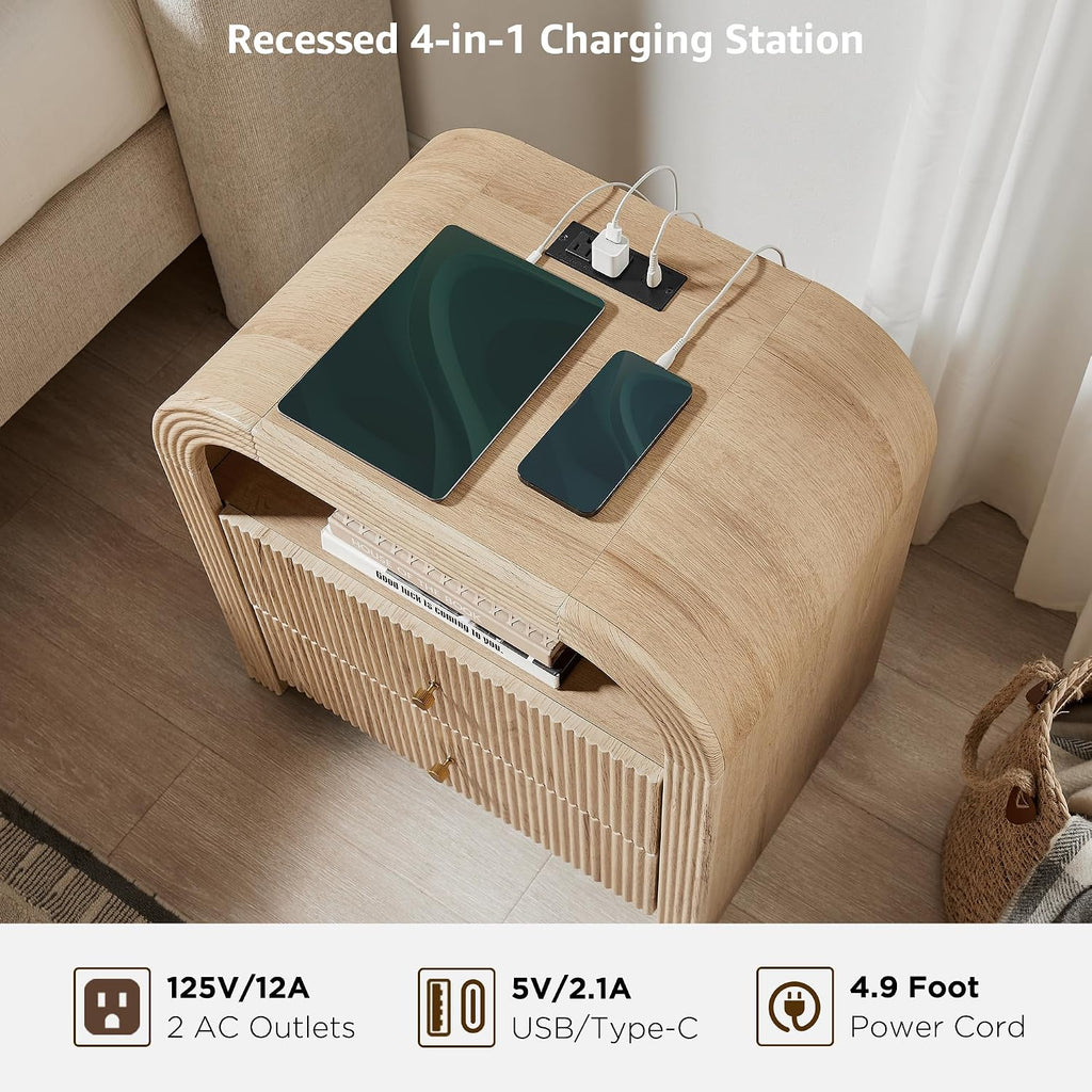 T4TREAM 24" Fluted Nightstand Set of 2 with Charging Station, Natural Oak | 2-Drawer Bedside Table, Modern End Table with Storage for the Bedroom or Living Room, Thickened frame, Rounded Silhouette