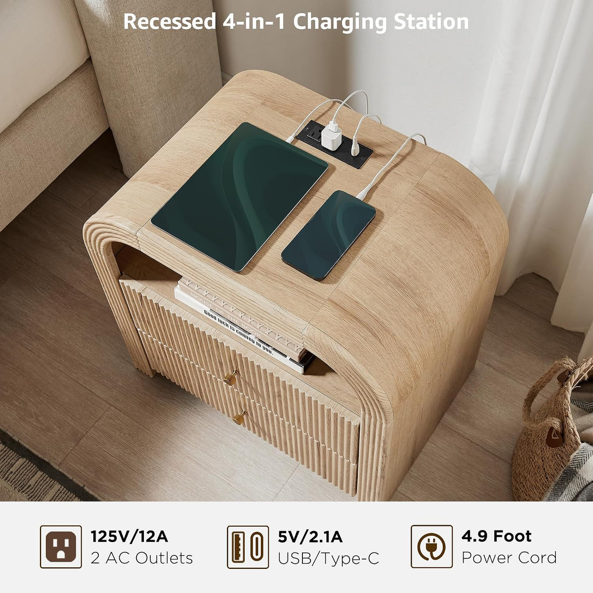 T4TREAM 24" Fluted Nightstand Set of 2 with Charging Station, Natural Oak | 2-Drawer Bedside Table, Modern End Table with Storage for the Bedroom or Living Room, Thickened frame, Rounded Silhouette