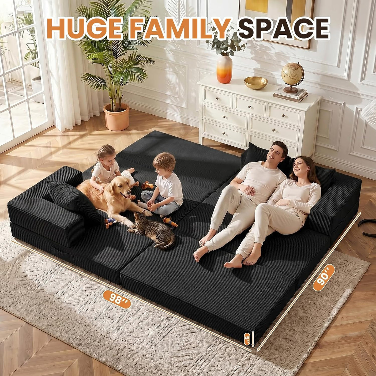 79" Modular Sectional Sofa, Convertible Sleeper Sofa Bed, Modern Tri-Folding Cloud Couch with L-Shape Chaise, Corduroy Futon for Living Room Small Spaces Apartment, No Assembly