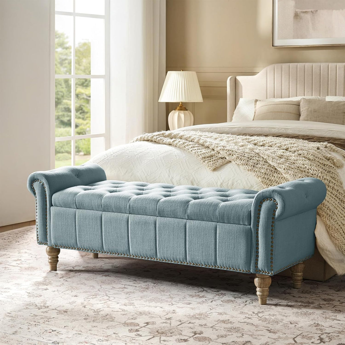 HULALA HOME Farmhouse Storage Bench, Blue | End of Bed Bench with Vintage Button-Tufted Design, Bedroom Bench with Storage for Bedroom, Entryway, Living Room