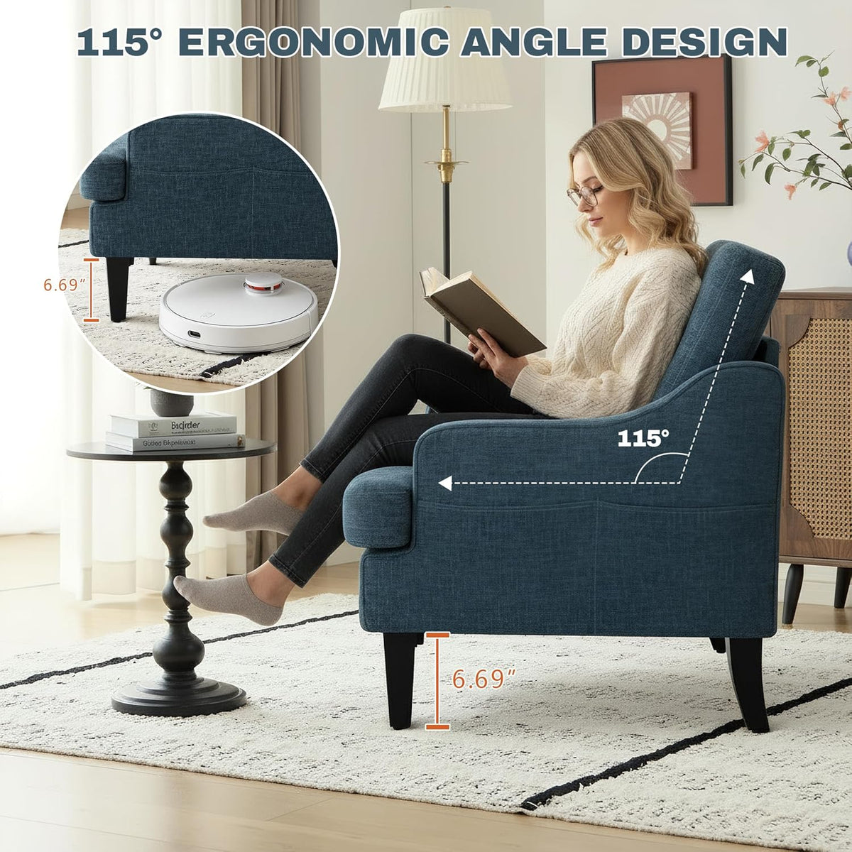 Accent Chair for Living Room,Mid-Century Arm Chair Fabric Living Room Chairs,Upholstered Reading Chair for Bedroom,Single Sofa Chair with Wood Legs for Apartment (1, Chenille Blue)