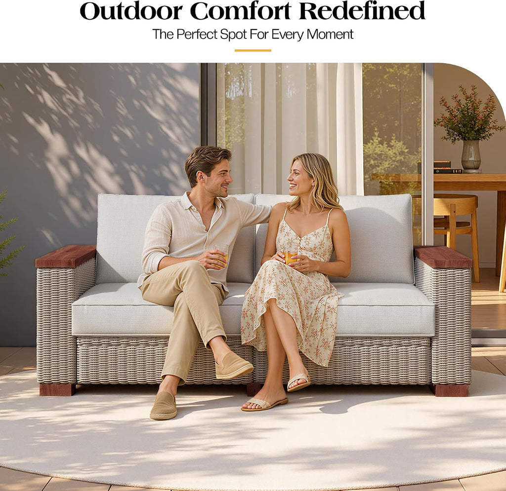 PaPaJet Outdoor Loveseat Patio Sofa, Wicker Couch with Solid Armrests & Legs, 4.7" Thick Cushion, UV-Resistant Modular Sofa for Porch, Backyard, Garden