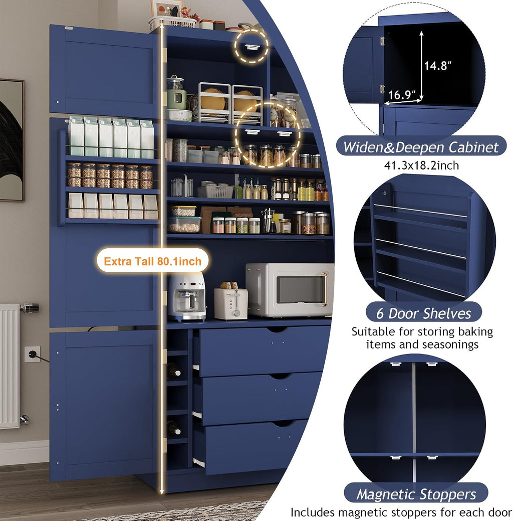 JIJIWANG 70.9" H Farmhouse Freestanding Kitchen Pantry Storage Cabinet with Drawers and Shelves, Buffet with 8 Pull-Out Trays and 4 Doors Blue