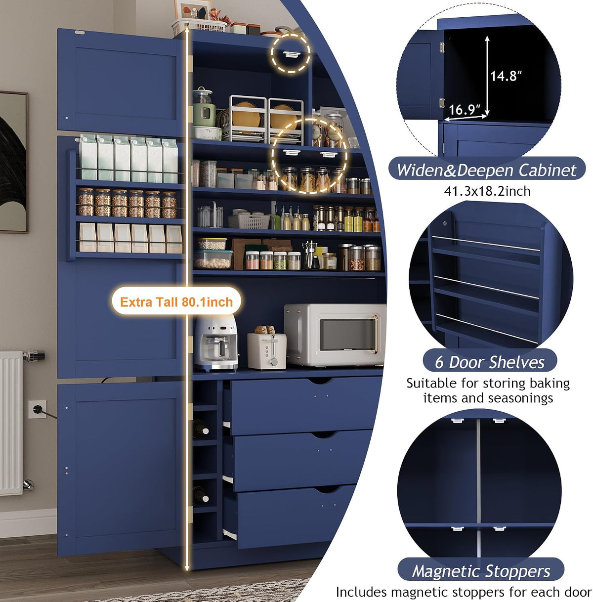 JIJIWANG 70.9" H Farmhouse Freestanding Kitchen Pantry Storage Cabinet with Drawers and Shelves, Buffet with 8 Pull-Out Trays and 4 Doors Blue