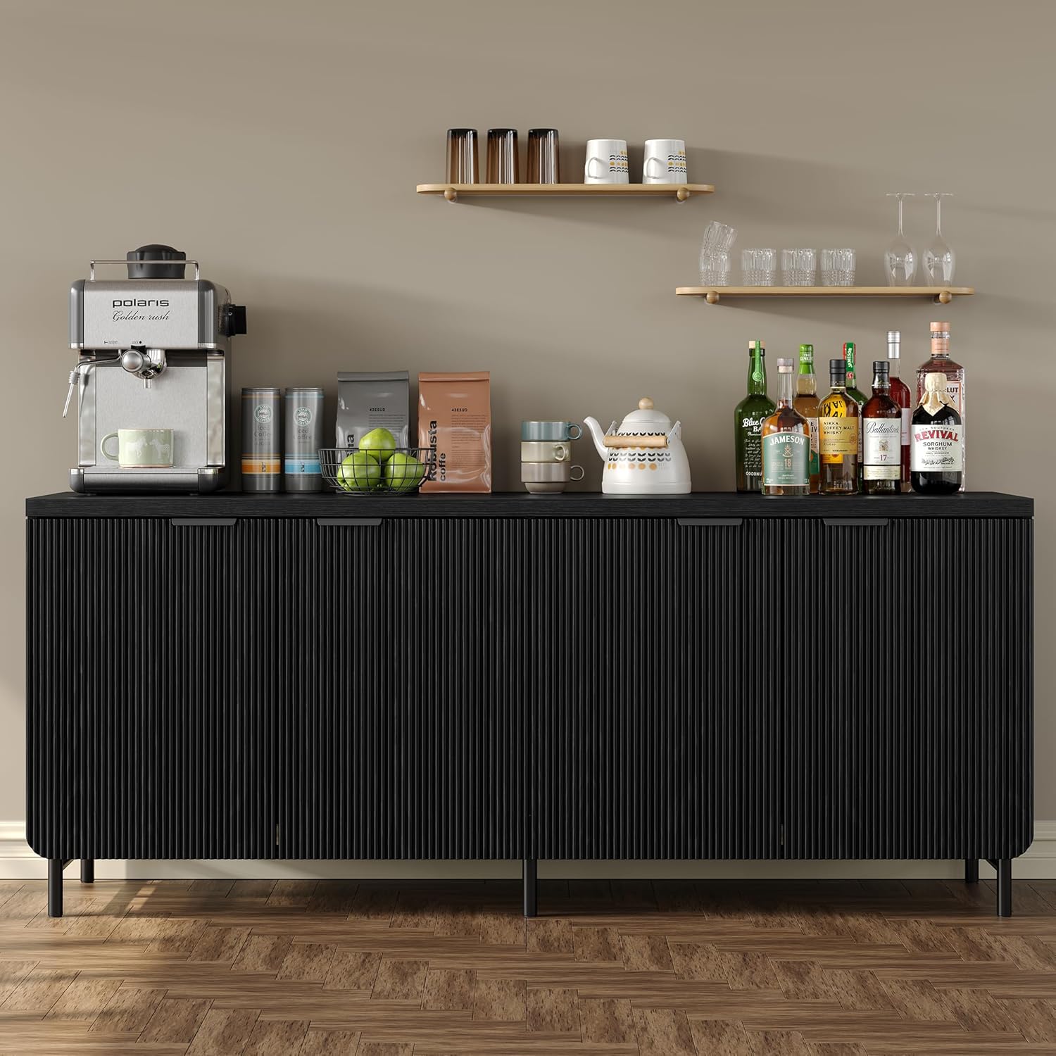 Furniouse 66.2''W Large Fluted Buffet Cabinet with 4 Doors & Shelves Wood Sideboard Buffet Table Storage Cabinet Modern Accent Console for Living Room, Black