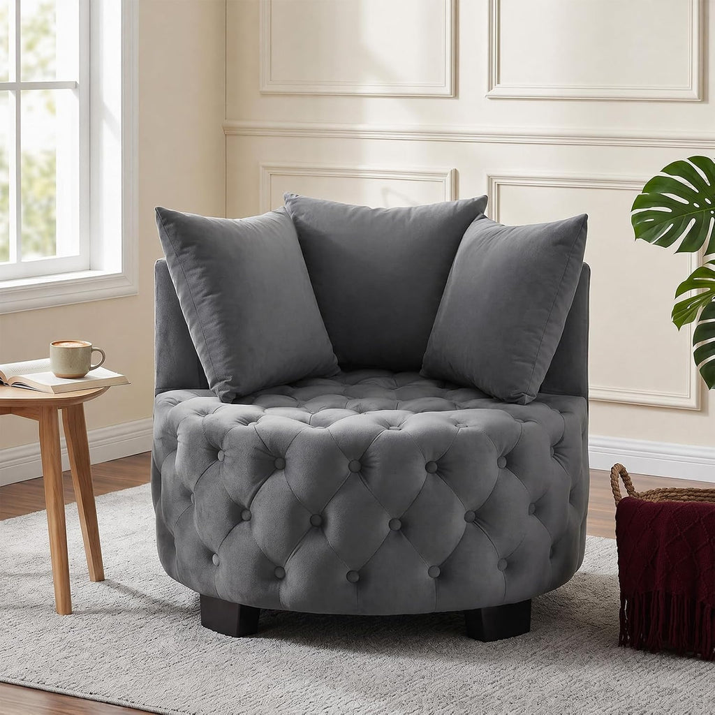 Upholstered Tufted Accent Barrel Chair with 3 Pillows, Contemporary Round Lounge Club Sofa Chair, Leisure Armchair for Living Room Hotel Bedroom, Dark Gray Velvet