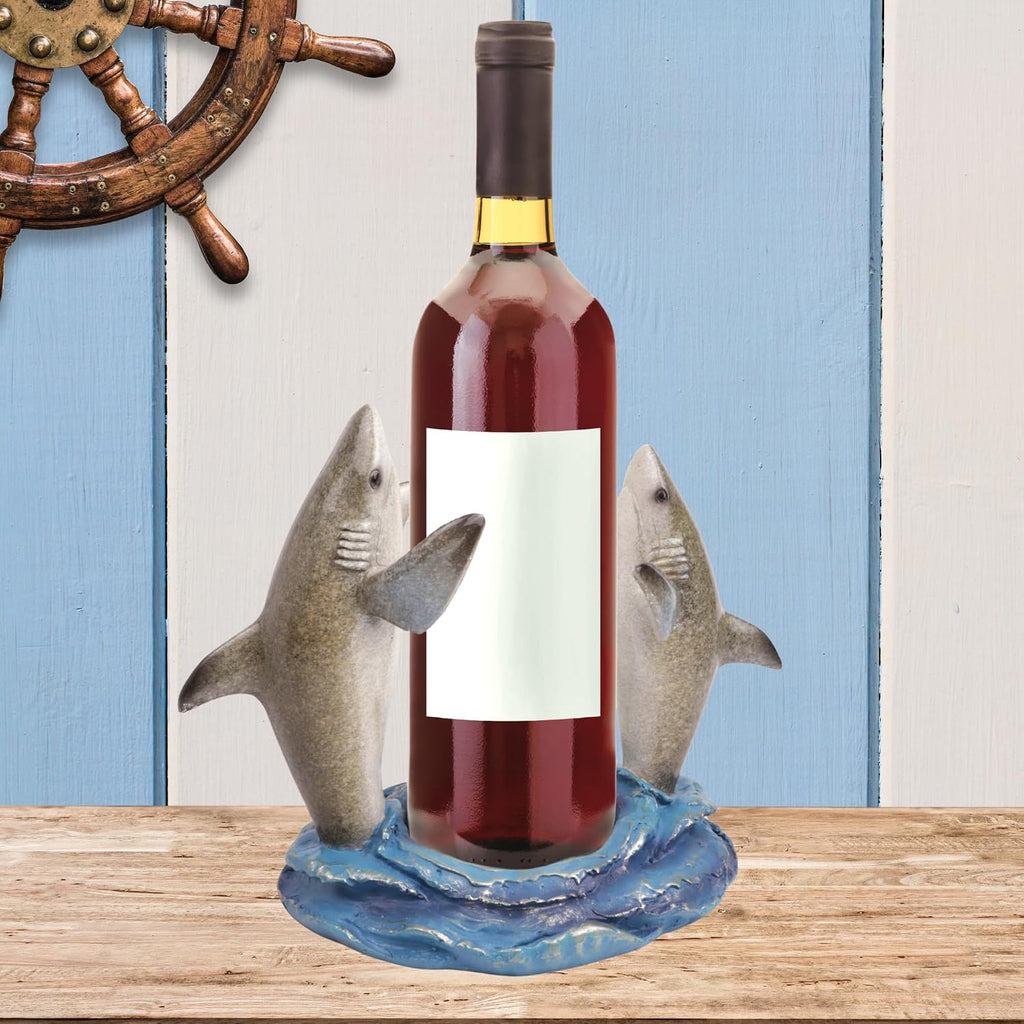 Needzo Shark Wine Bottle Holder, Nautical Bar Decor, Resin Beach House Accessory, 7.25 Inches