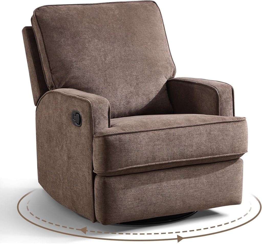 ANJ 360° Swivel Rocker Recliner Chair for Adults, Classic Manual Glider Recliners with Overstuffed Backrest, Upholstered Rocking Reclining Sofa Chair for Living Room, Brown