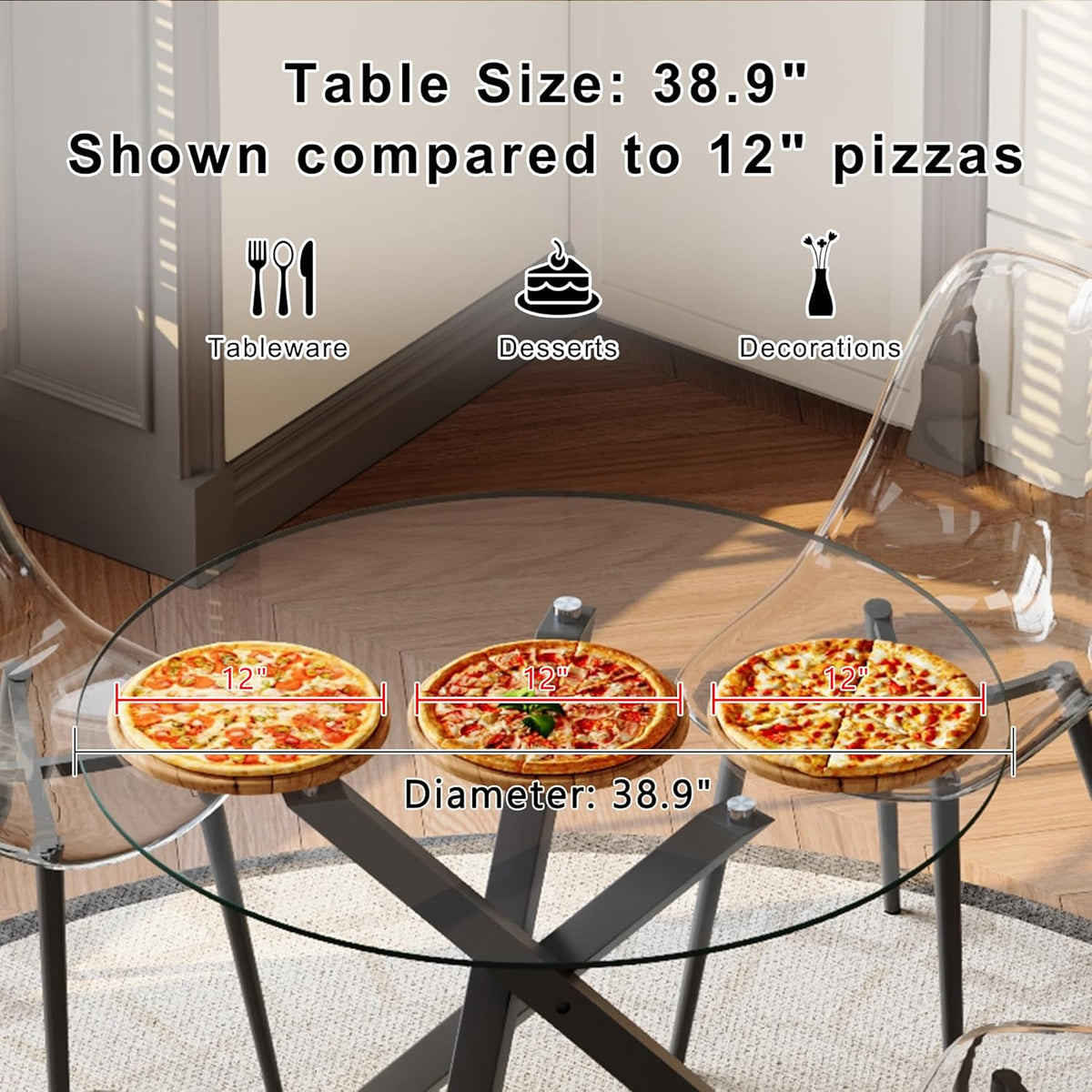 Round Dining Table Set for 4, 39" Glass Dining Table Set with Black Adjustable X-Shaped Metal Leg&4 Clear Acrylic Chairs with Chrome Legs, Small Space-Saving Table Set Ideal for Kitchen, Dining Room