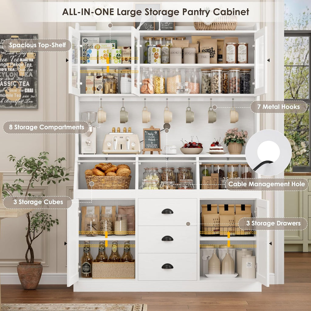 HIFIT 71.4” H Kitchen Hutch Pantry Cabinet with 3 Bread Boxes&7 Metal Hooks | Farmhouse Kitchen Hutch Cabinet with Storage and Glass Doors for Living Dining Room, Home Office, White