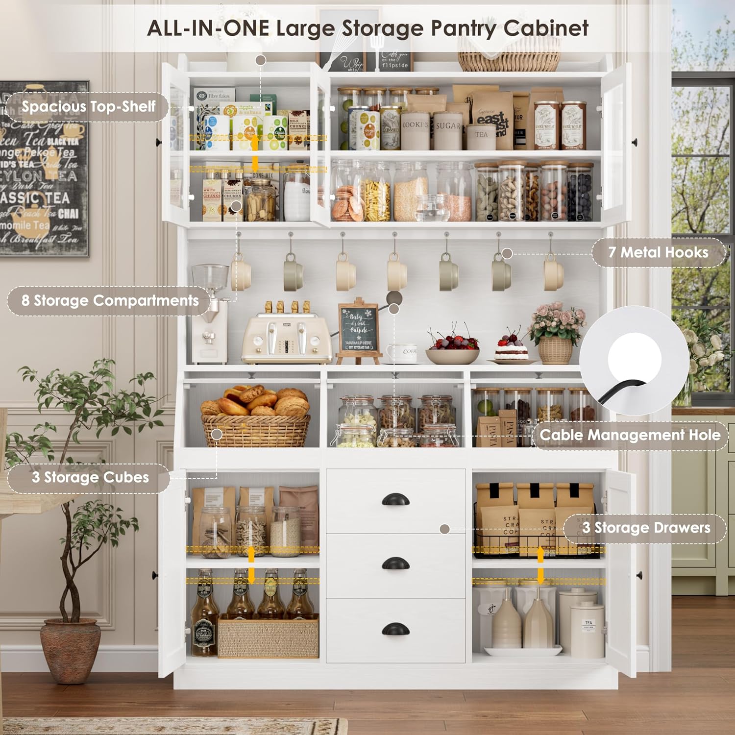 HIFIT 71.4” H Kitchen Hutch Pantry Cabinet with 3 Bread Boxes&7 Metal Hooks | Farmhouse Kitchen Hutch Cabinet with Storage and Glass Doors for Living Dining Room, Home Office, White