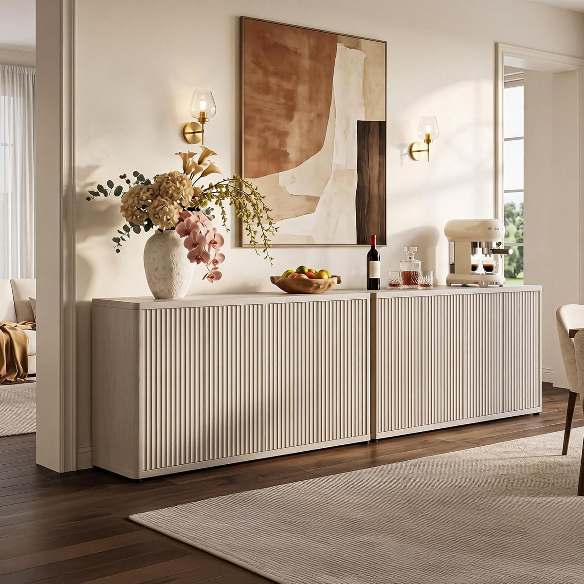 SICOTAS Buffet Cabinet with Storage Accent Sideboard with 4 Doors 66.3" Wide Fluted Credenza Modern Buffet Table Media Console Cabinet Entryway Cabinets for Living Room Kitchen Dining Room Hallway