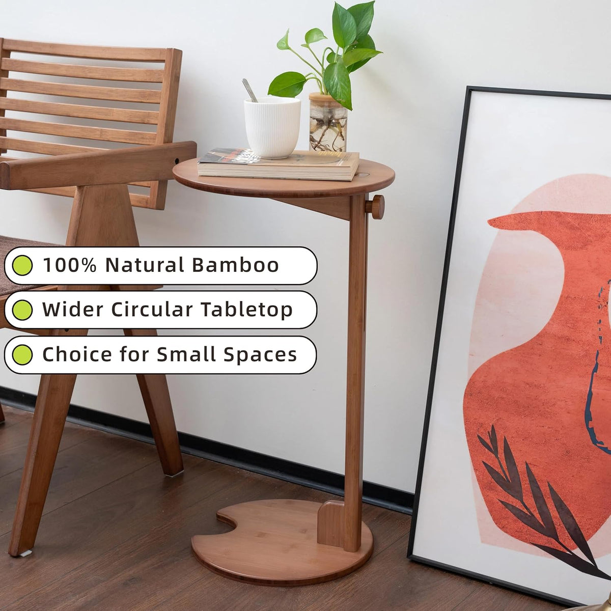Bamboo Side Table for Sofa - Adjustable Height C Shaped End Tables for Small Spaces, Couch, Bedside, Living Room, 12.6x12.6x26 Inch TV Tray Round Stand for Drink, Snack, Coffee (Walnut)