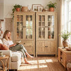 63" Tall Kitchen Pantry Cabinet Set of 2, Farmhouse Wood Storage Cabinet | Freestanding Kitchen Hutch Cupboard with 2 Drawers & Glass Doors & Adjustable Shelves for Dining Living Room (Yellow Oak)