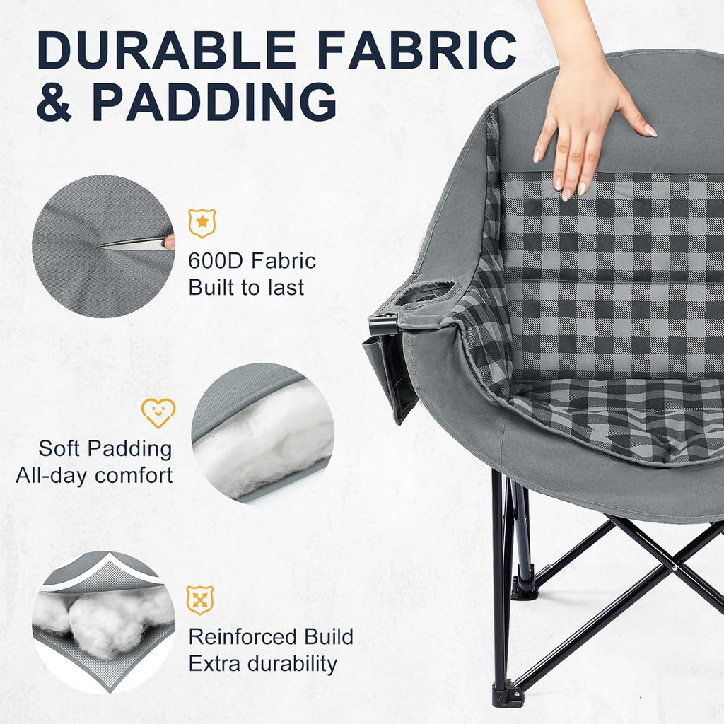 Oversized Camping Chair for Adults, 500 LBS Heavy Duty Folding Chair, Plaid | Big & Tall Adults, Padded Camping Chair, 600D Oxford Fabric, Cup Holder, Side Pocket, Lawn Chair, Beach, Fishing