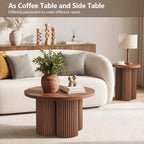 Nesting Coffee Tables Set of 2, Fluted Nesting Tables for Living Room, Multifunctional Round Coffee Table and Side Table Set Wooden Center Tables Small Coffee Table for Small Spaces Balcony